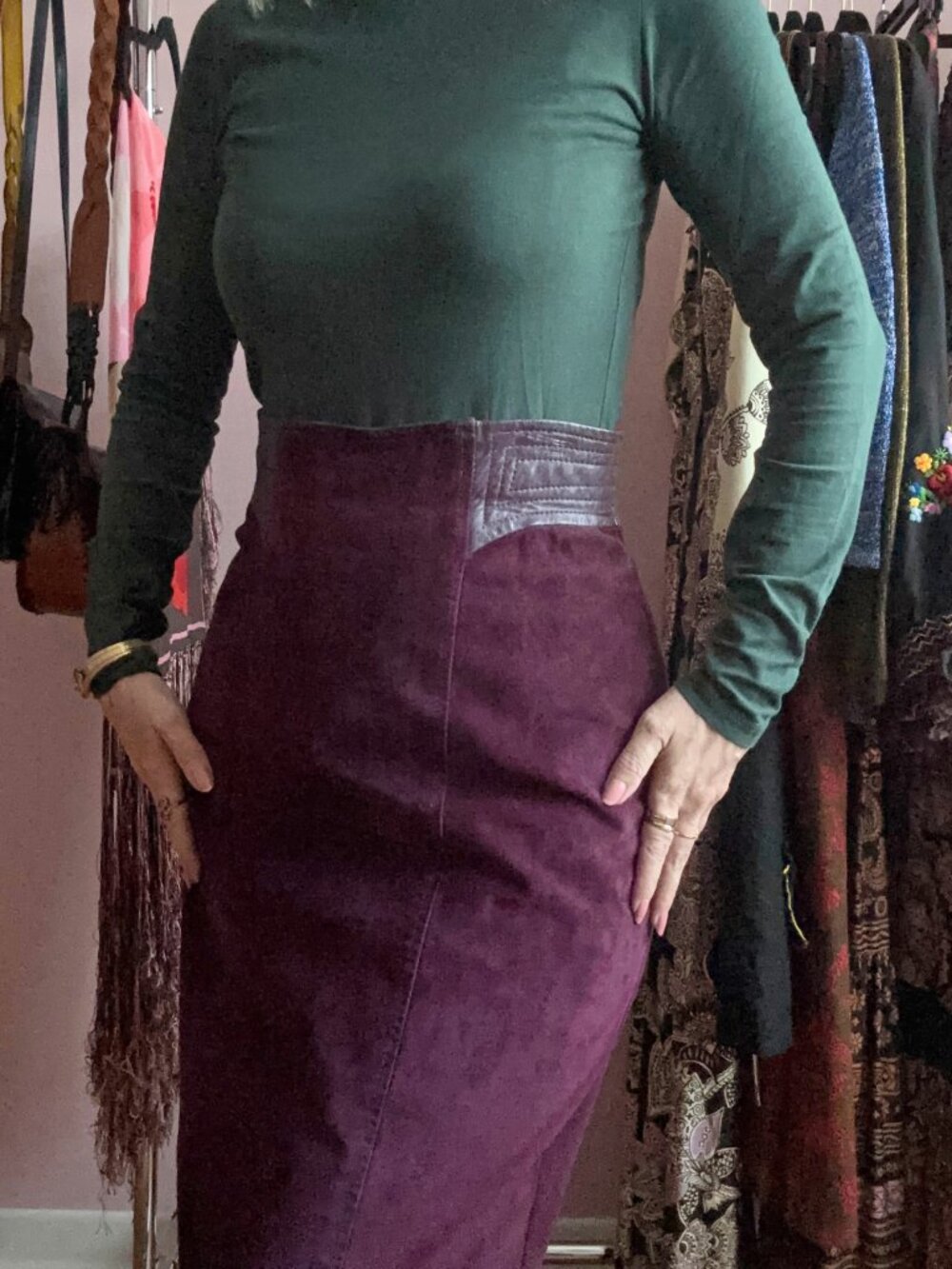Vintage 80s Danier Purple Suede & Quilted Leather Ultra High-Waist Pencil Skirt